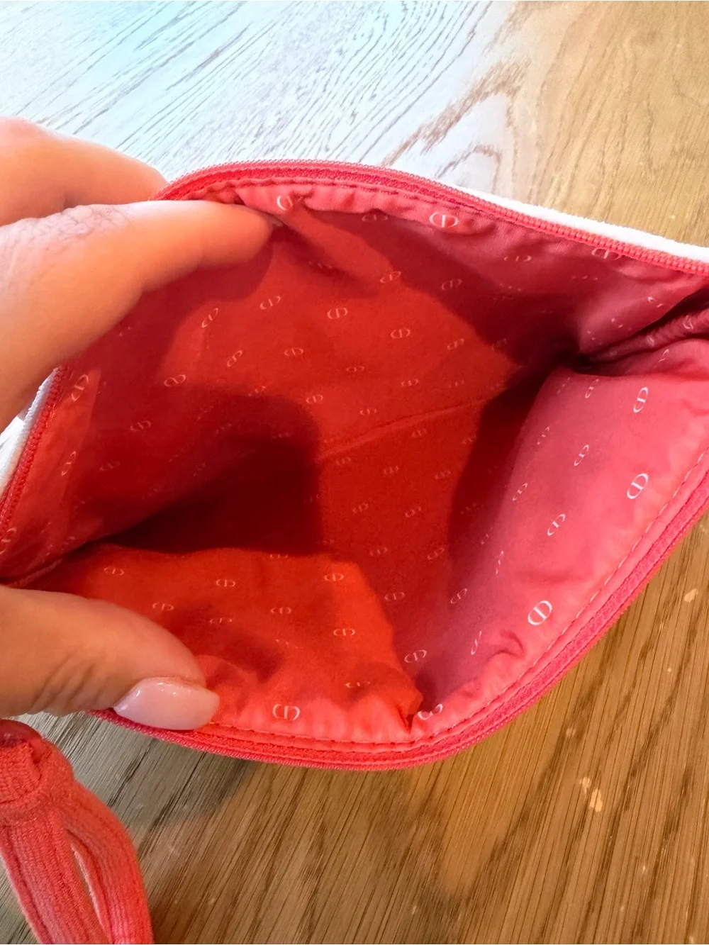 Red Dior White Terry Cotton Pouch with Coral Stripe